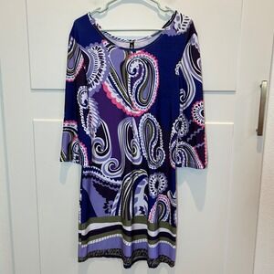 White Mark Couture Collection Paisley Print 3/4 Sleeve Dress XL Blue Purple Pink